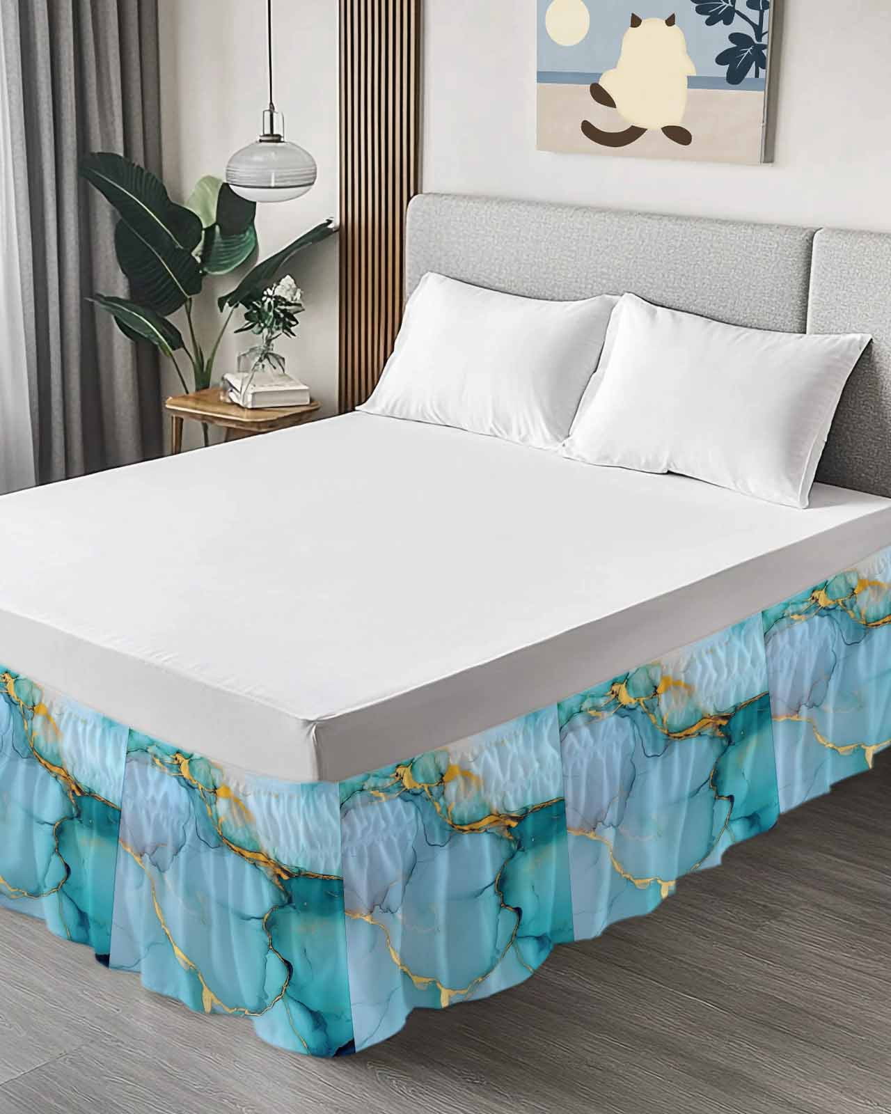 Teal Marble Wrap Around Bed Skirts for Queen Bed 16" Drop,Bed Skirt with Adjustable Elastic Belt Dust Ruffle Bed Valance for Bedroom Hotel Luxury Modern Ink Painting Luxury Modern Art Bed Frame Cover