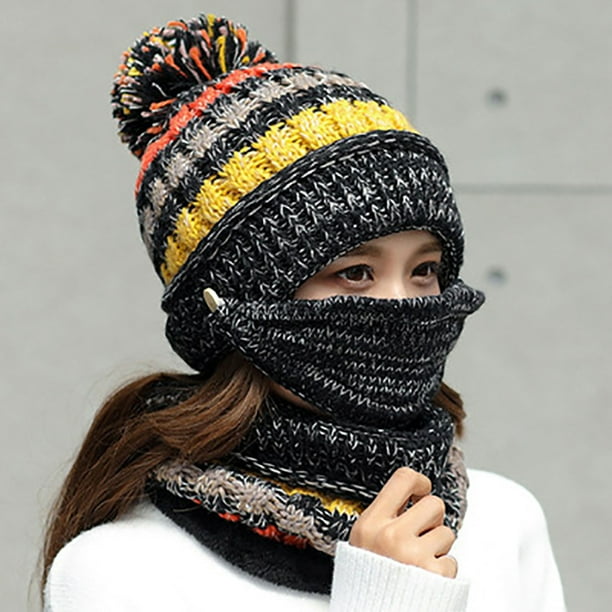 Gorros de invierno para mujer, gorro tejido con forro polar y orejeras, gorro con pompón, bufanda, conjunto de máscara, gorro cálido suave con calavera holgada oso de fresa Electrónica
