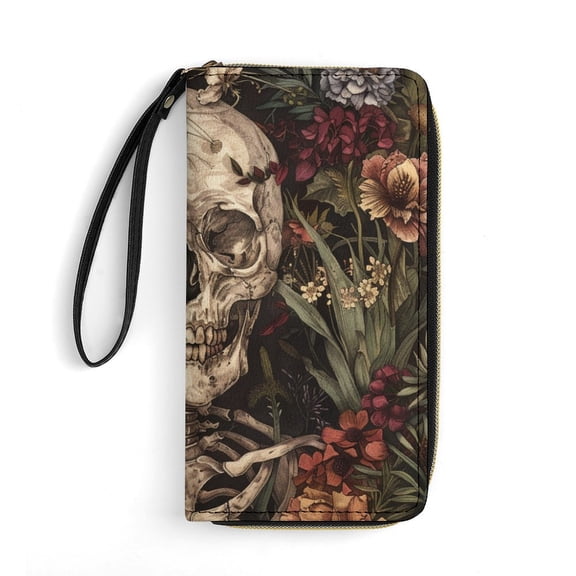Womens Wallet Bifold Ladies Cluth Bag Wristlet Wrist Strap Long Purse Skull Flowers Illustration Design