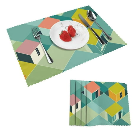 

DouZhe Polyester Placemats Set of 4 Doodle Building House Home Pattern Heat Resistant Place Mats for Dining Table 12 x 18