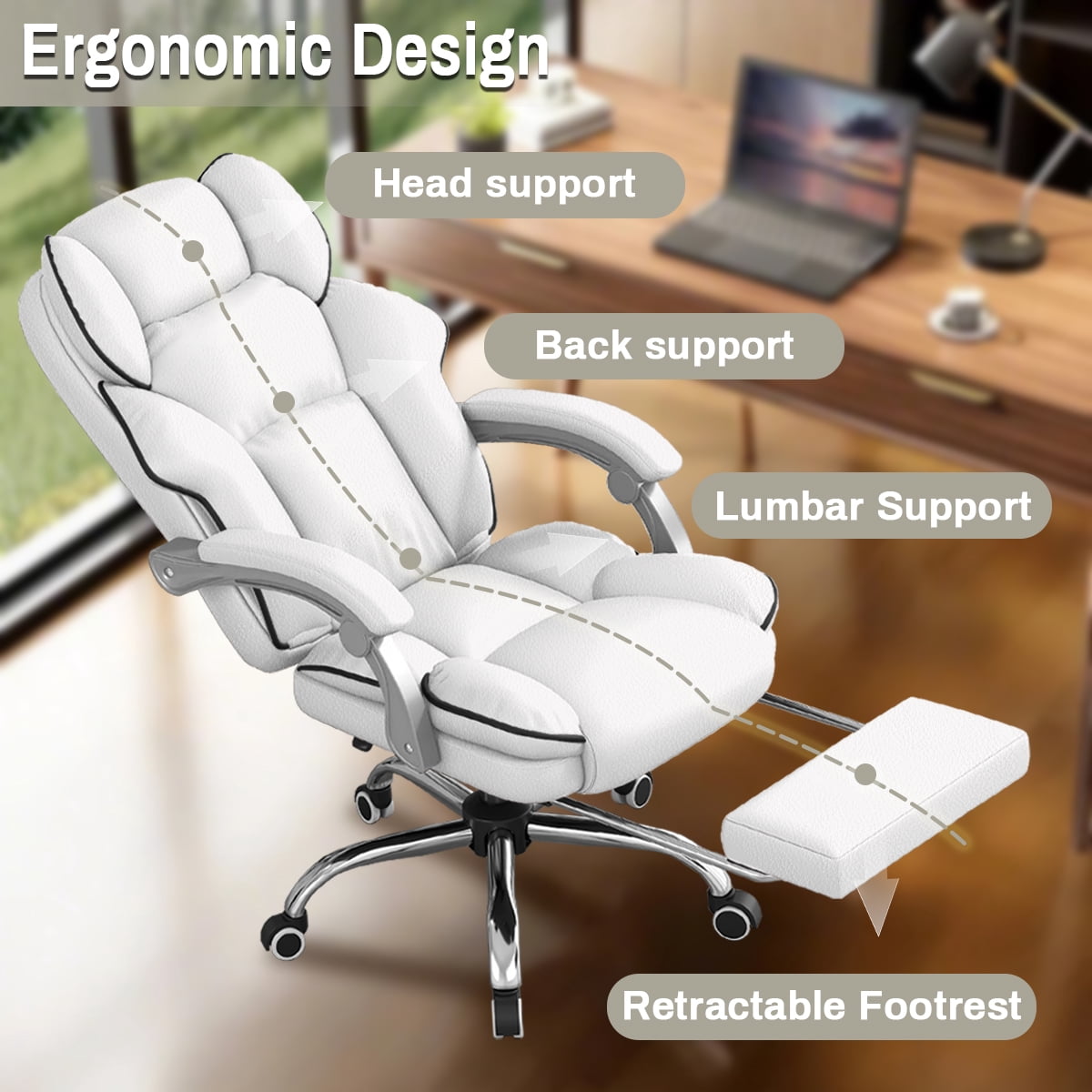 XUEGW Executive Office Chair High Back Computer Gaming Chairs Leather Desk Chair with Foot Rest Ergonomic Swivel Work Chairs,White