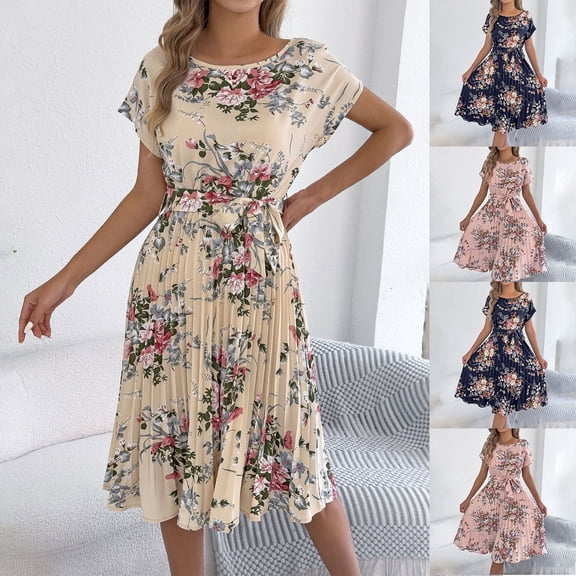 Lovzfmll Maxi Dress for Women, Crew Neck Short Sleeve with Batwing Sleeve & Tie Waist, Casual Pleated Dress Beige, S