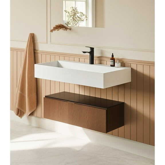 36" X 18" Matte White Solid Surface Wall Mount Rectangle Vessel Sink With Faucet Hole. Spacious Bathroom For Various Styles. Construction. Easy To Assemble Mounted Modern Bath Interiors. Stone Resin
