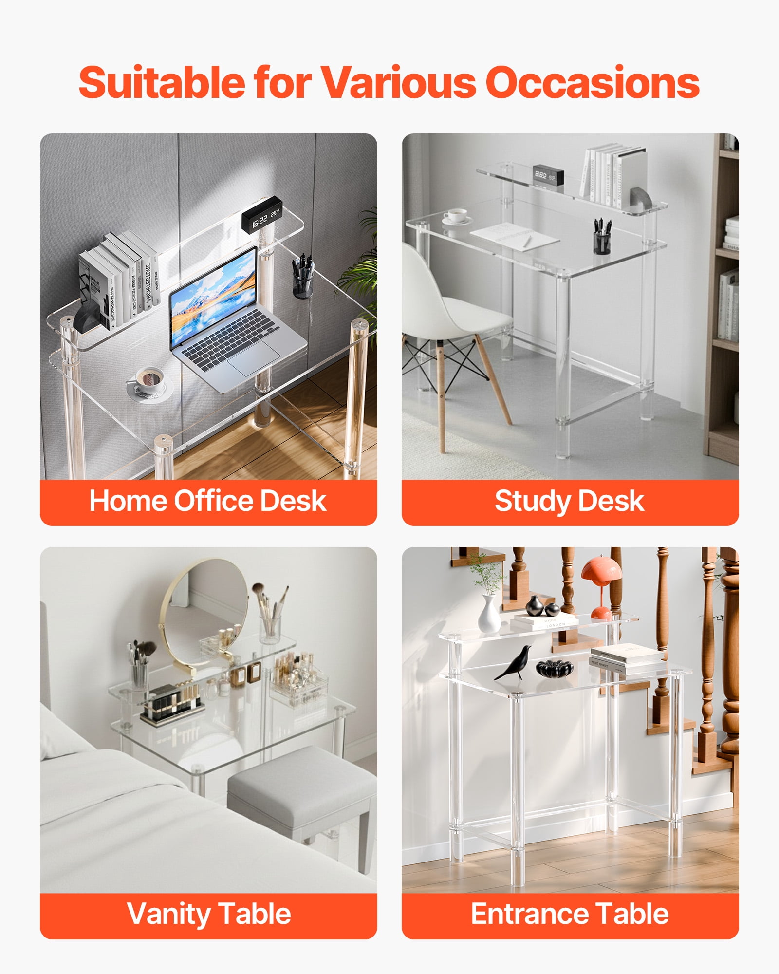 VEVOR Acrylic Table, 2 Tiers Clear Office Desk with Monitor Stand, Acrylic Study Computer Desk, Modern Side End Table Nightstand for Bedroom, Office, Study, Cloakroom, 19.7 x 31.5 x 34.7 in (Clear)