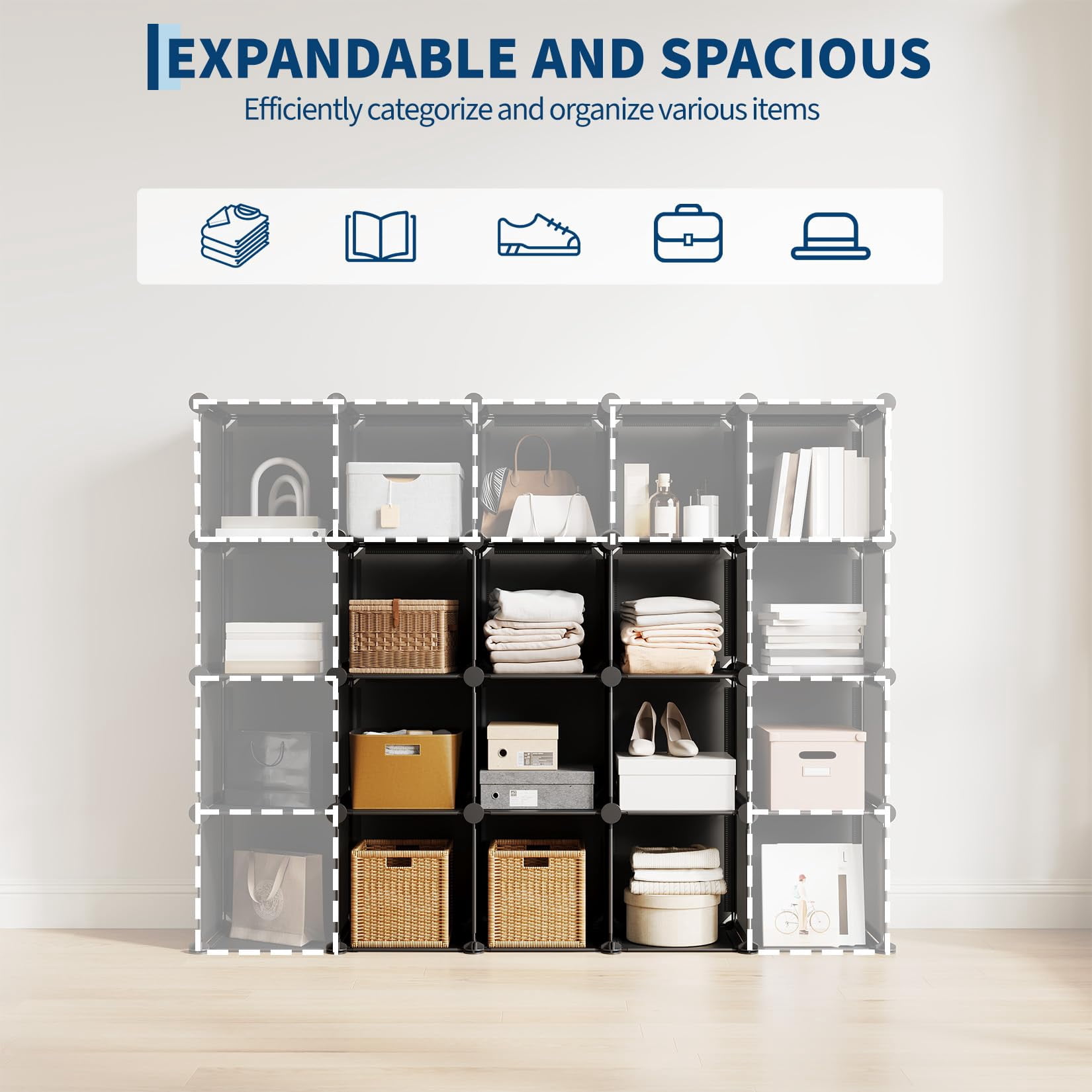 9 Cube Storage Organizer, DIY Modular Bookshelf & Closet Organizer, Plastic Stackable Shelving Cubes with Feet & Rubber Mallet