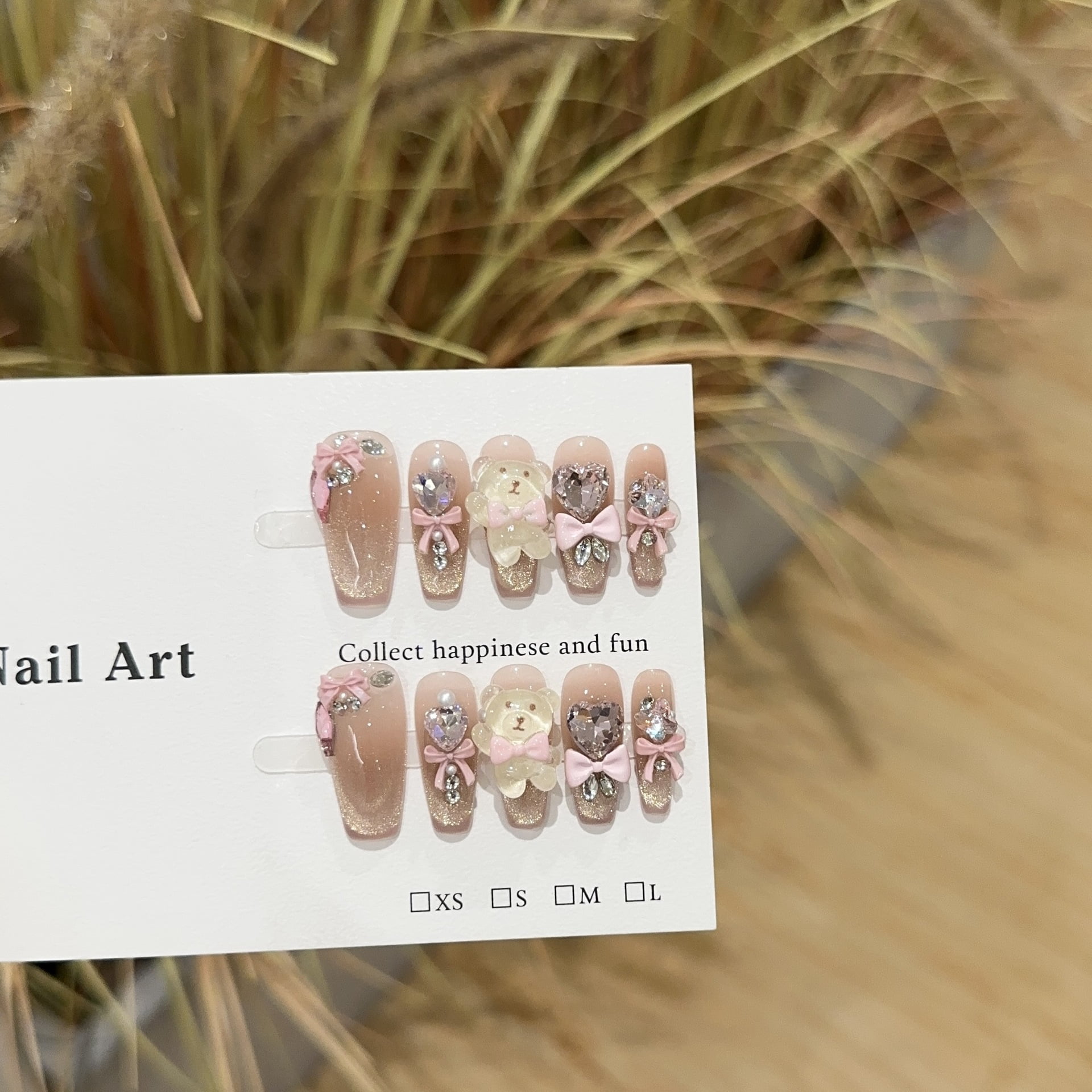 Purely handmade wearing nail advanced sense gold cat's eye nail art piece pink blush nail bear love fake nail patch