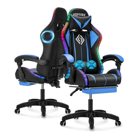 Hoffree Gaming Chair with Bluetooth Speakers and Footrest Massage Office Chair with LED Lights Ergonomic Game Chair High Back with Lumbar Support and Headrest Adjustable Swivel for Adults 300lb