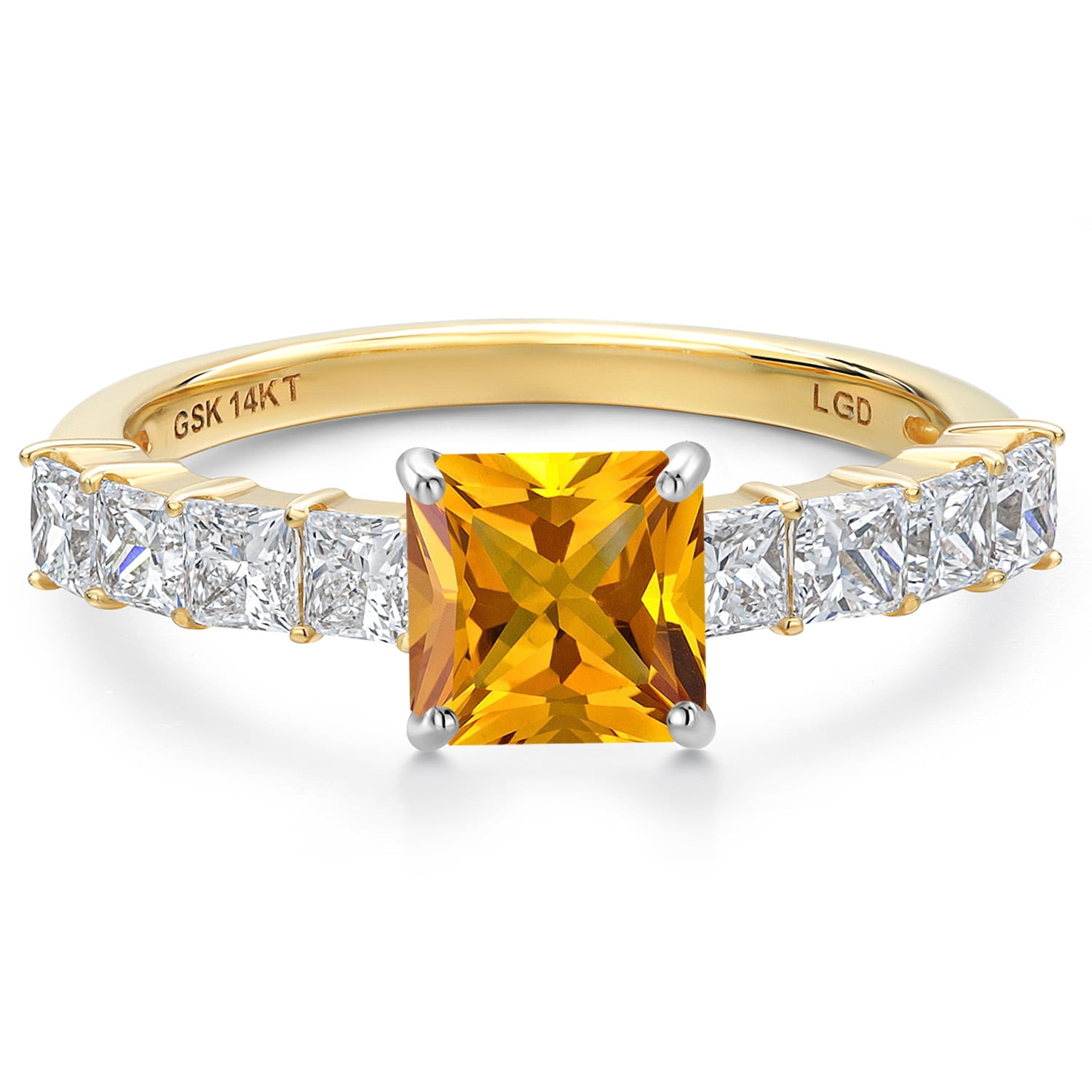 Gem Stone King 14K White And Yellow Gold Yellow Citrine and Lab Grown Diamond Engagement Ring for Women | 1.96 Cttw | Princess 6MM | Gemstone November Birthstone | Size 8