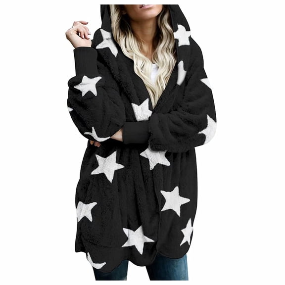 Fall Cardigans Women Thickened Over Star Printed Open Front Faux -Fuzzy Hoodie Outwear with Side Pockets Lightweight Outwear Coats