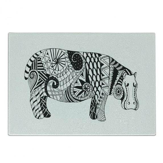 Hippo Cutting Board, Hippo Hand-Drawing Style Print Ornamented with Geometric Forms, Decorative Tempered Glass Cutting and Serving Board, in 3 Sizes, by Ambesonne