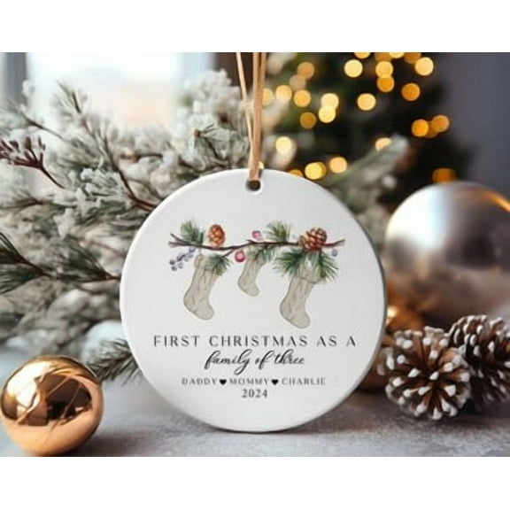 First Christmas as a Family of Three Ornament 2025 Personalized Ceramic Ornament for New Parents 3" Holiday Keepsake