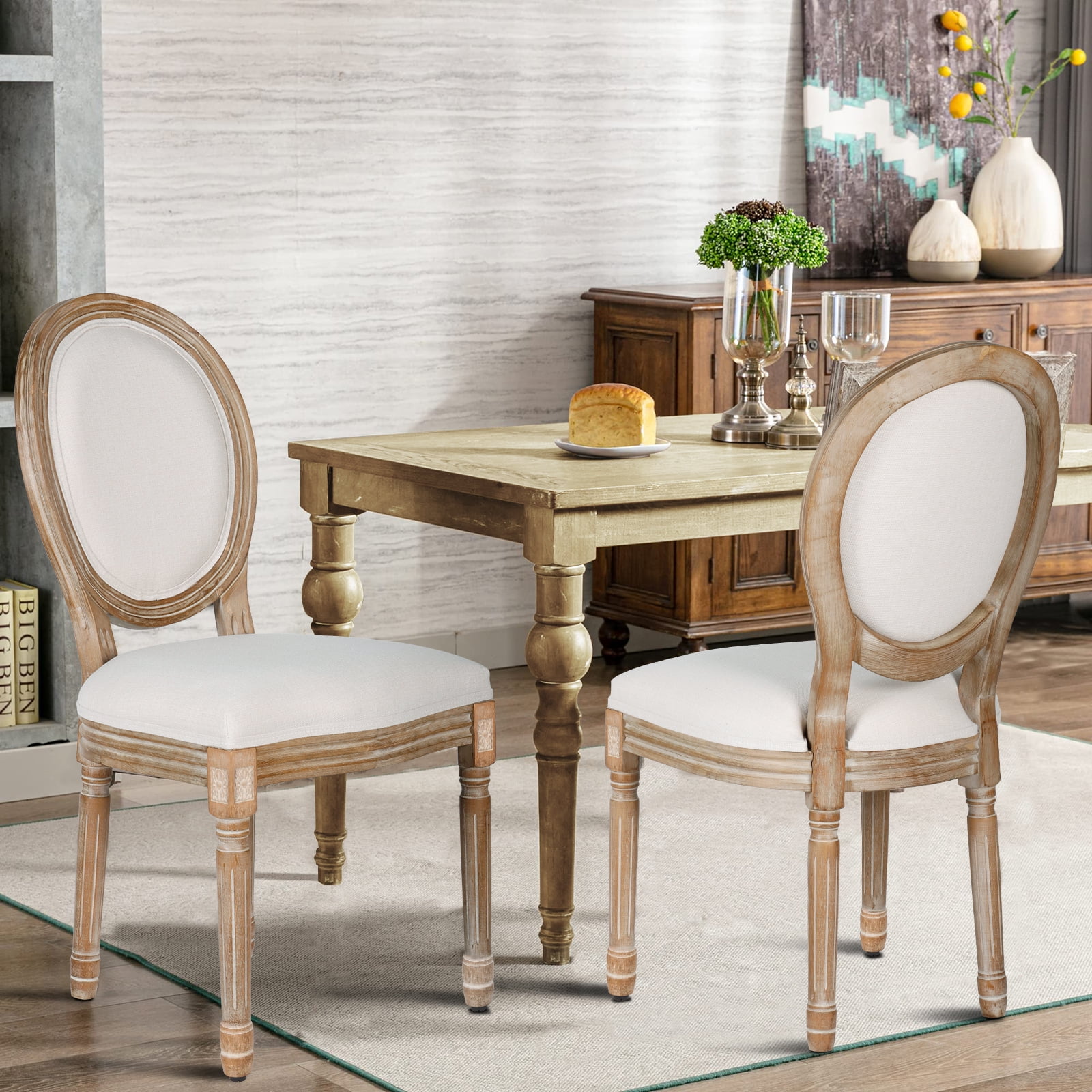 French Dining Chairs Set of 4 Beige Natural Fabric Round Back with Solid Wood Legs and Frame for Bedroom Dining Room Kitchen