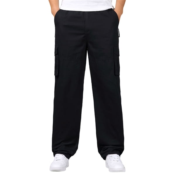 Pantalones de algodón para hombre, talla grande, cintura elástica, estilo informal, color liso, múltiples bolsillos