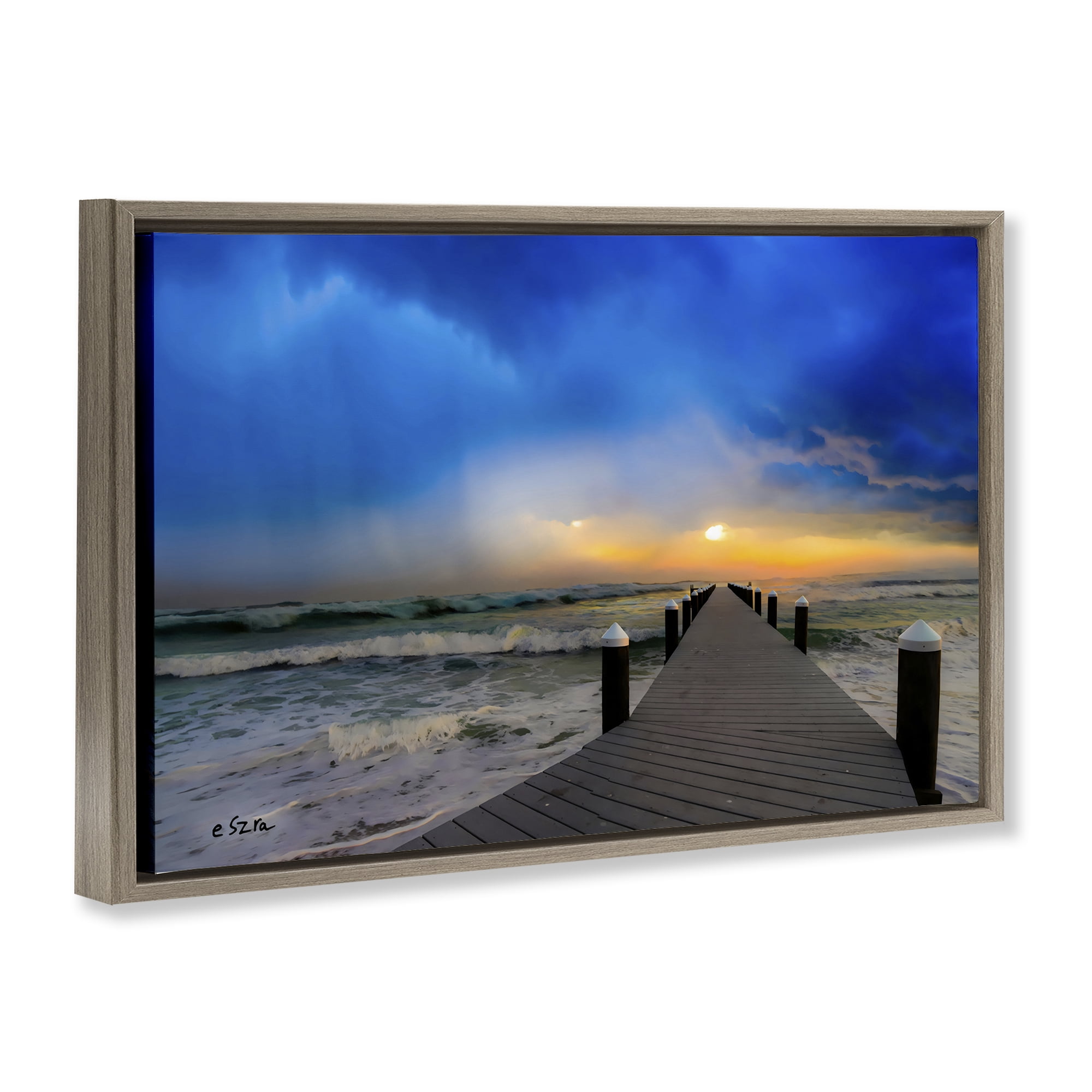 Stupell Industries Sun Breaking Over Sea Pier Brown Framed Floater Canvas Wall Art, design by Eszra Tanner