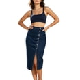 thumbnail image 5 of Zynoxe Womens Plus Size Jean Skirts Trendy High Waist Hidden Side Split Under Button Placket Bodycon Skirts Stretch Washed Midi Skirts Dark Blue S, 5 of 9