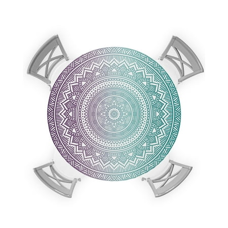 

Round Tablecloth with Elastic Rustic Floral Flower Art Ombre Turquoise Purple Waterproof Stain-proof Table Cover Wipeable Fitted Table Cloths for 55 -60 Round Tables Dining Kitchen