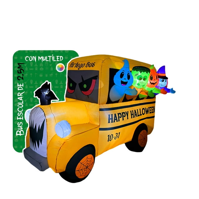 Inflable de Halloween camión escolar tenebroso de 2.5m de ancho con multiled para exteriores Decoración día de muertos Artego