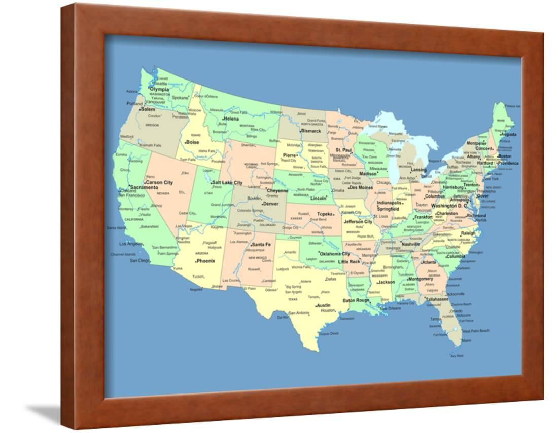usa map with names of states and cities framed print wall