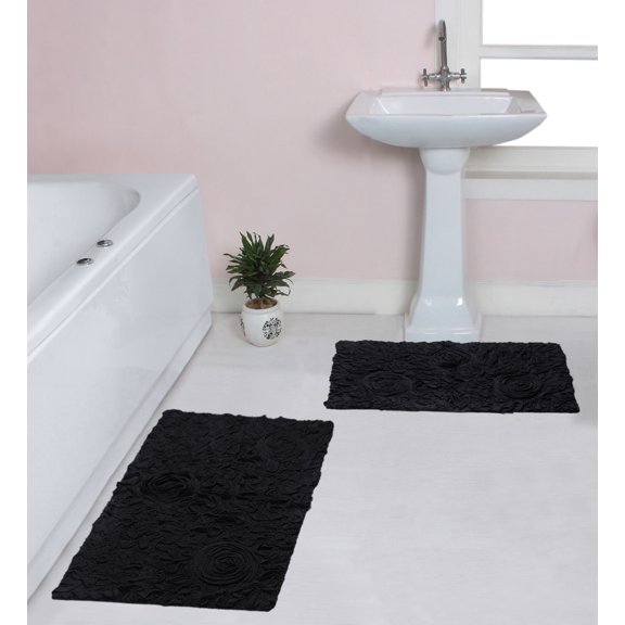 Home Weavers Bell Flower Collection 100% Cotton Non-Slip Bathroom Rug Set Machine Washable Bath Rug-21"x34", Bathroom Rug- 24"x40", Black Color 2 Piece Bath Rug set
