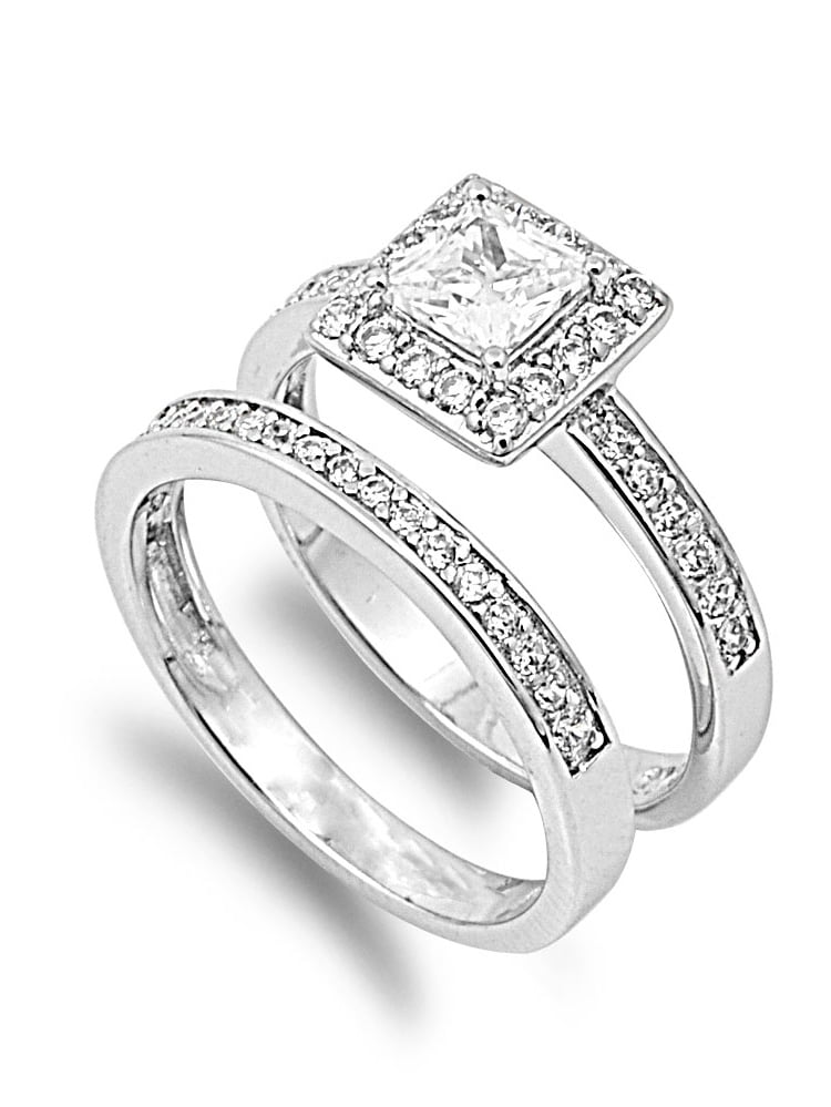 Sizes 5-10 Sterling Silver Womens Colorless Cubic Zirconia Square Wedding Set Ring