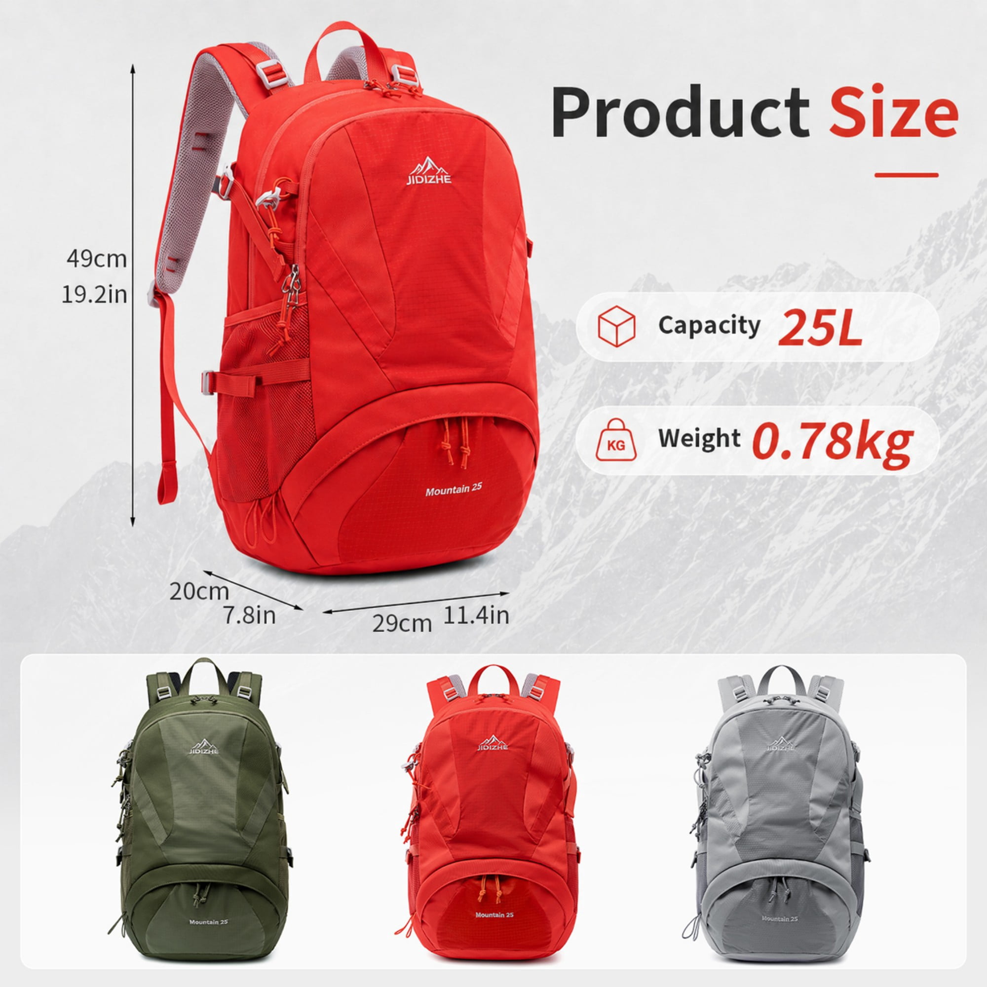 BSHTI 25L Polyester Nylon Hiking Backpack with Rain Cover, Breathable Back, Large Storage for Travel Camping（Red）