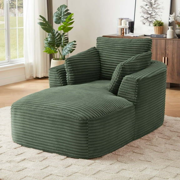 Miniyam 45 x 64 inch Green Oversized Chaise Lounge Chair Indoor, Corduroy Upholstered Modern Sofa Couch, No Assembly Required, Compressed Sleeper Sofa for Living Room/Dorm/Apartment