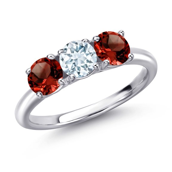 Gem Stone King 925 Sterling Silver Sky Blue Aquamarine and Red Garnet Engagement Ring for Women | 1.60 Cttw | Round 5MM | Gemstone March Birthstone | Size 6