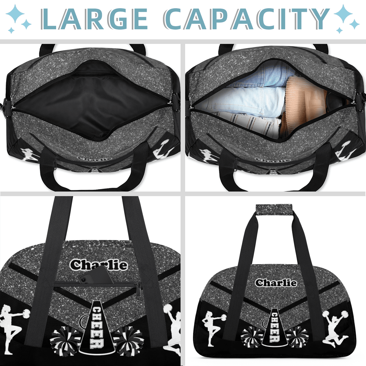 Herdesigns Personalized Cheer Duffel Bag Cheerleaders Gym Bags with Name, Custom Dance Perform Training Sport Bags for Overnight Weekender Travel Black