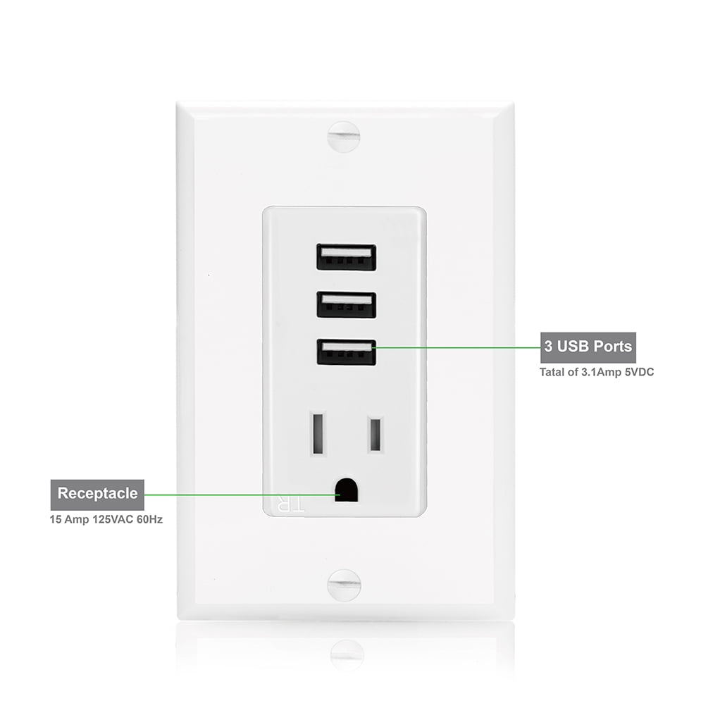 SenQ USB Wall Outlet 3 USB UL Listed Electrical Outlet Receptacle 15A,3.1A Wall Plates Included