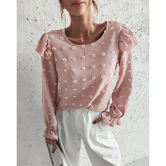 Round Neck Swiss Dot Ruffle Shoulder Long Sleeve Blouse for Women