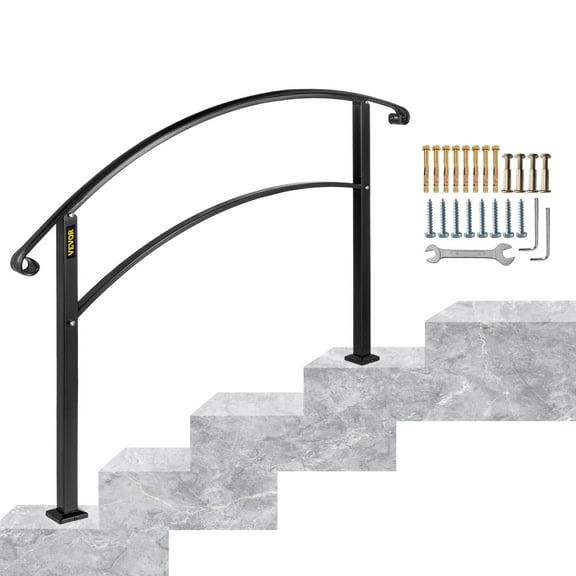 KFFKFF 4-Level Handrail Compatible with 1 to 4 Steps, Matte Black, Iron Construction, Includes Mounting Kit for Exterior Staircases