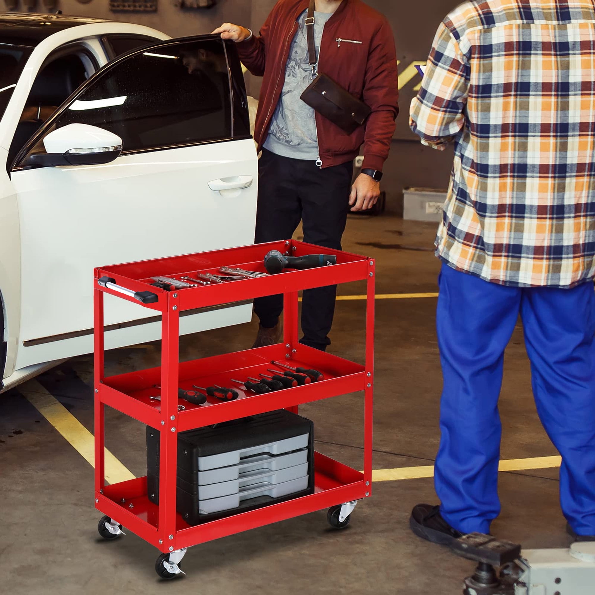 Aukfa 3-Tier Utility Cart on Wheels, 450 lb Heavy Duty Rolling Tool Cart for Warehouse, Garage, Red