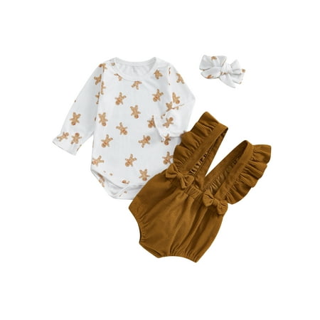 

Baby Girl Christmas Outfits Long Sleeve Romper Velvet Ruffled Overalls Shorts with Headband 3Pcs Set