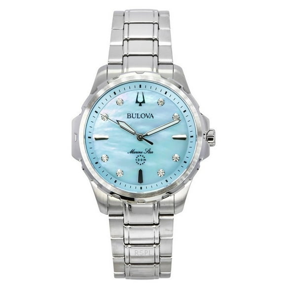 Bulova Marine Star Diamond Accents Stainless Steel Blue Mother Of Pearl Dial Quartz 96P248 100 Women's Watch
