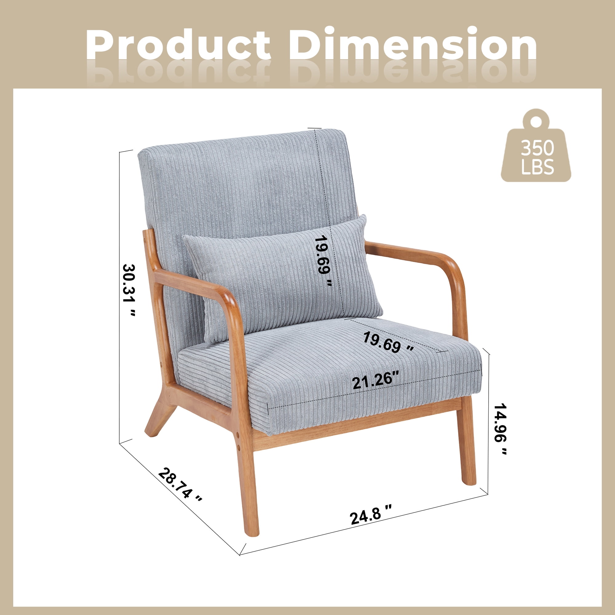 MOONMISS Corduroy Upholstered Mid-Century Modern Wood Frame Single Armchair-Light Gray