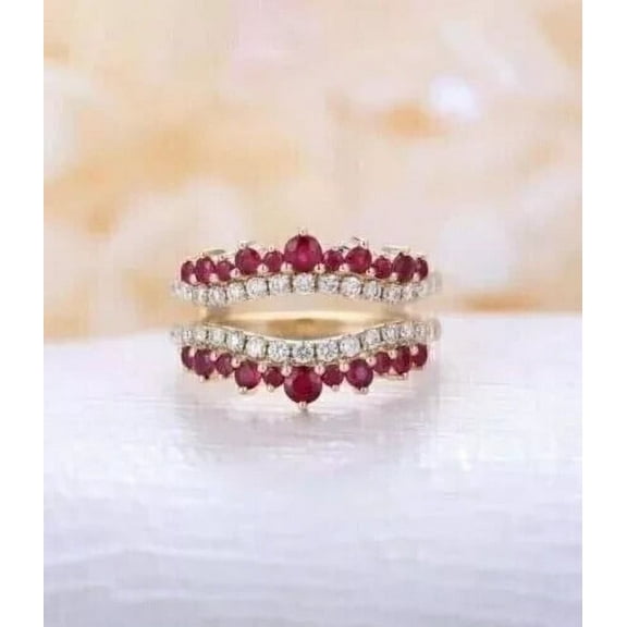 14K Yellow Gold Plated 3Ct Round Cut Simulated Red Ruby Women's Wedding Enhancer Wrap Ring
