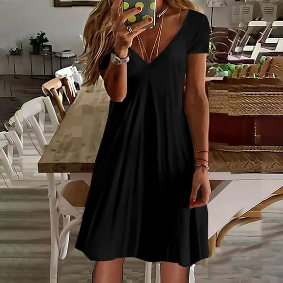 Women's Summer Dresses Under $10 Casual V Neck Solid Color Loose Elastic Short Sleeve Dress Skirt