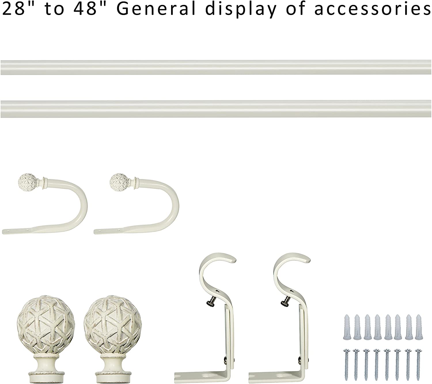 eTeckram 1" Curtain Rod with Geo Ball Finials - 28" to 48", Weathered White