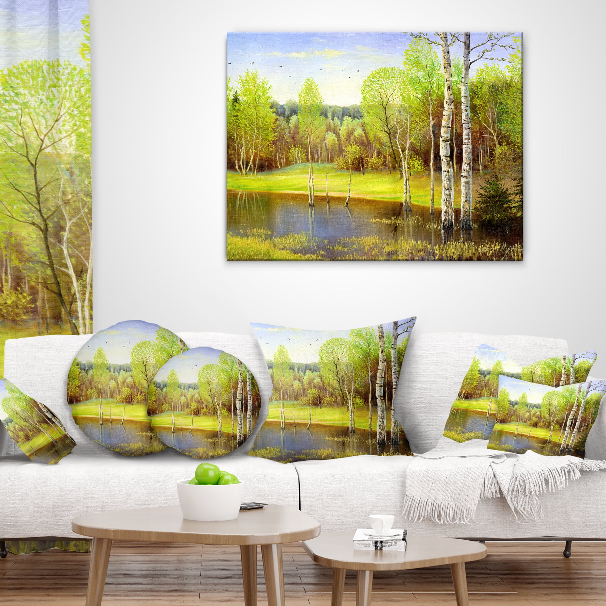 Designart Light Green Autumn - Landscape Printed Throw Pillow - 16x16