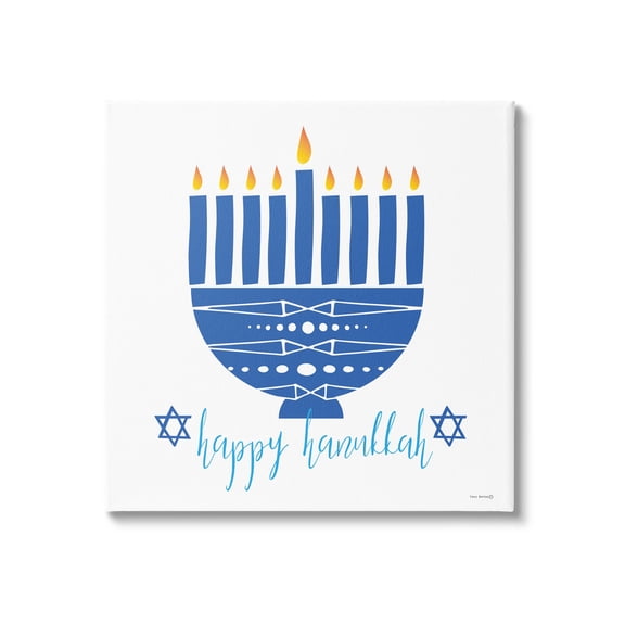 Happy Hanukkah Patterned Blue Menorah Holiday Graphic Art Gallery Wrapped Canvas Print Wall Art