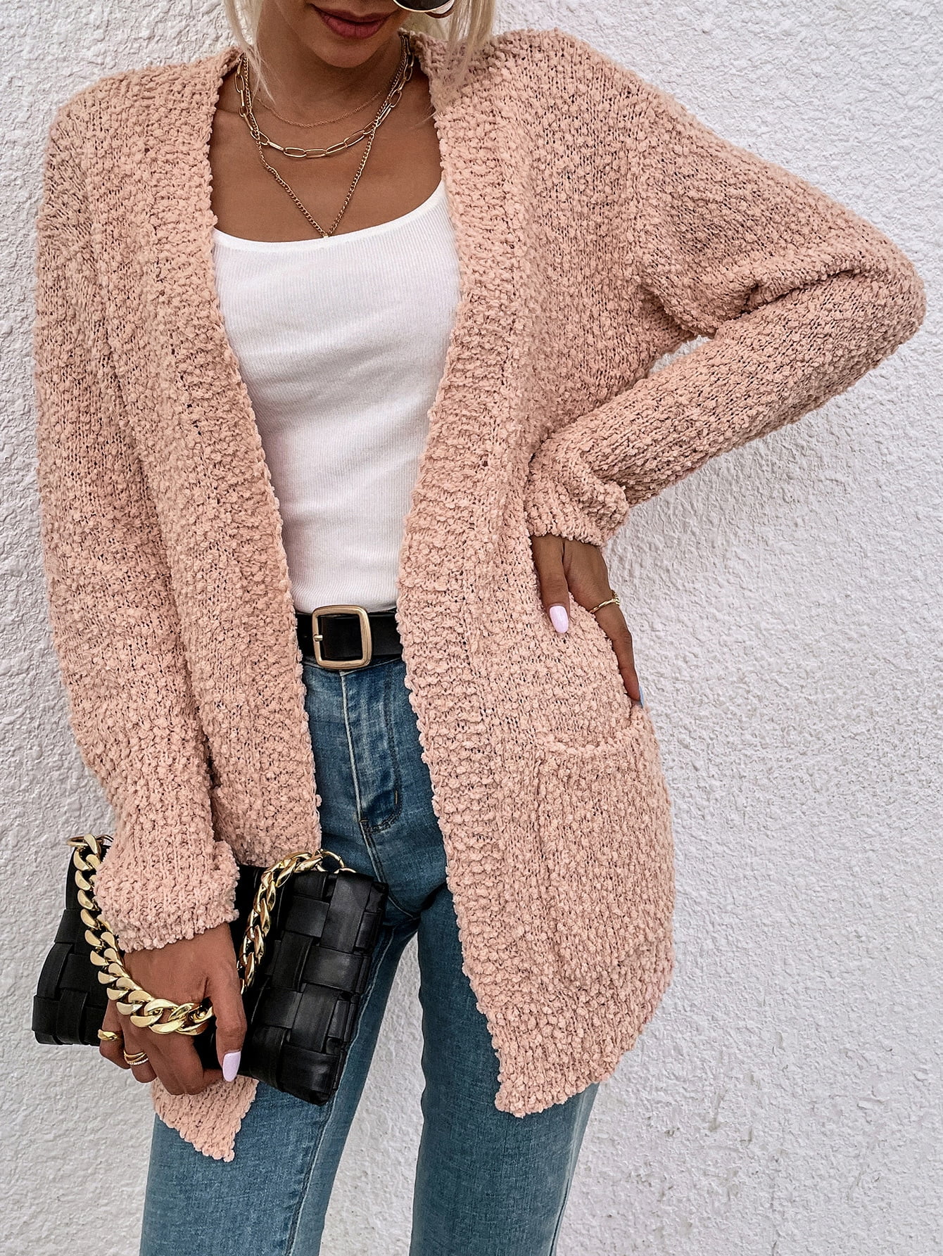 Baby Pink Popcorn Knit Open Front 