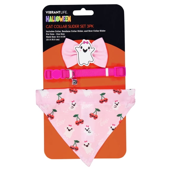 Vibrant Life Halloween Cat Collar Slider Set with Bandana and Bow Tie, Skull Cherries and Ghosts, Pink, One Size, 3 Pieces