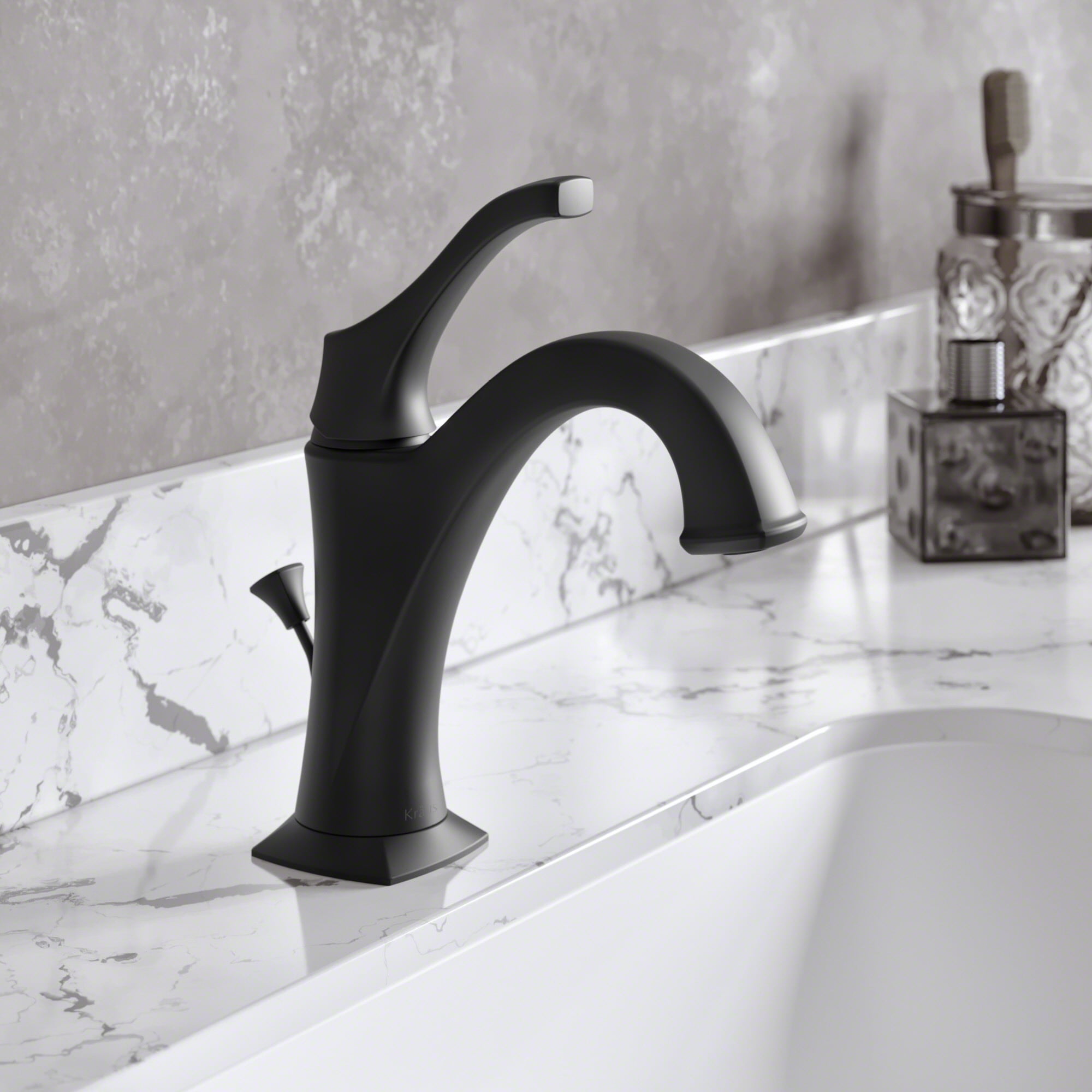 KRAUS Arlo Matte Black Single Handle Basin Bathroom Faucet with Lift Rod Drain and Deck Plate (2-Pack)