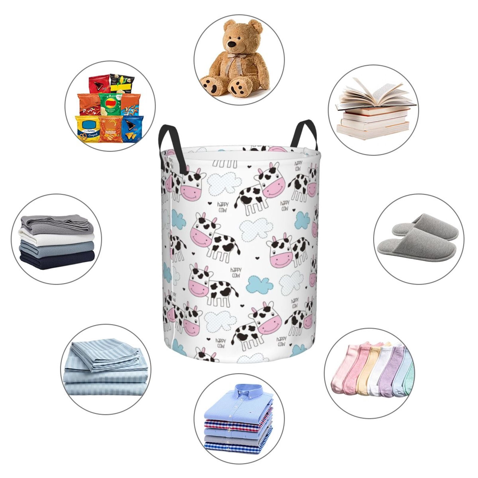 Large Laundry Basket with Handles - Simple Funny Cute Cow Kids Baby Dirty Clothes Laundry Hamper for Bedroom Aesthetic