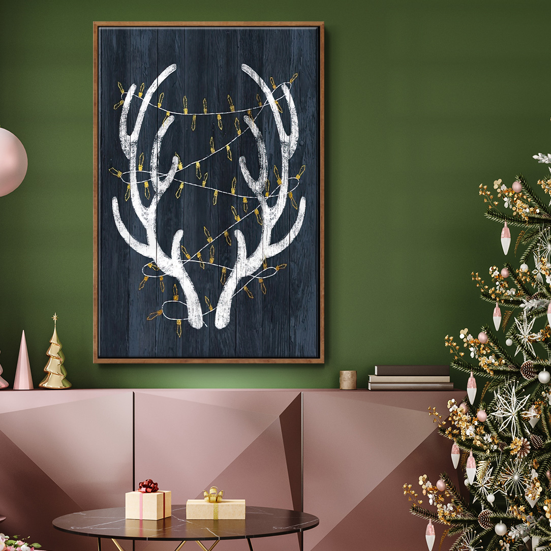 Antlers & Lights - Framed Gallery Wrapped Holiday Canvas - 17 x 25 - Rosewood Frame