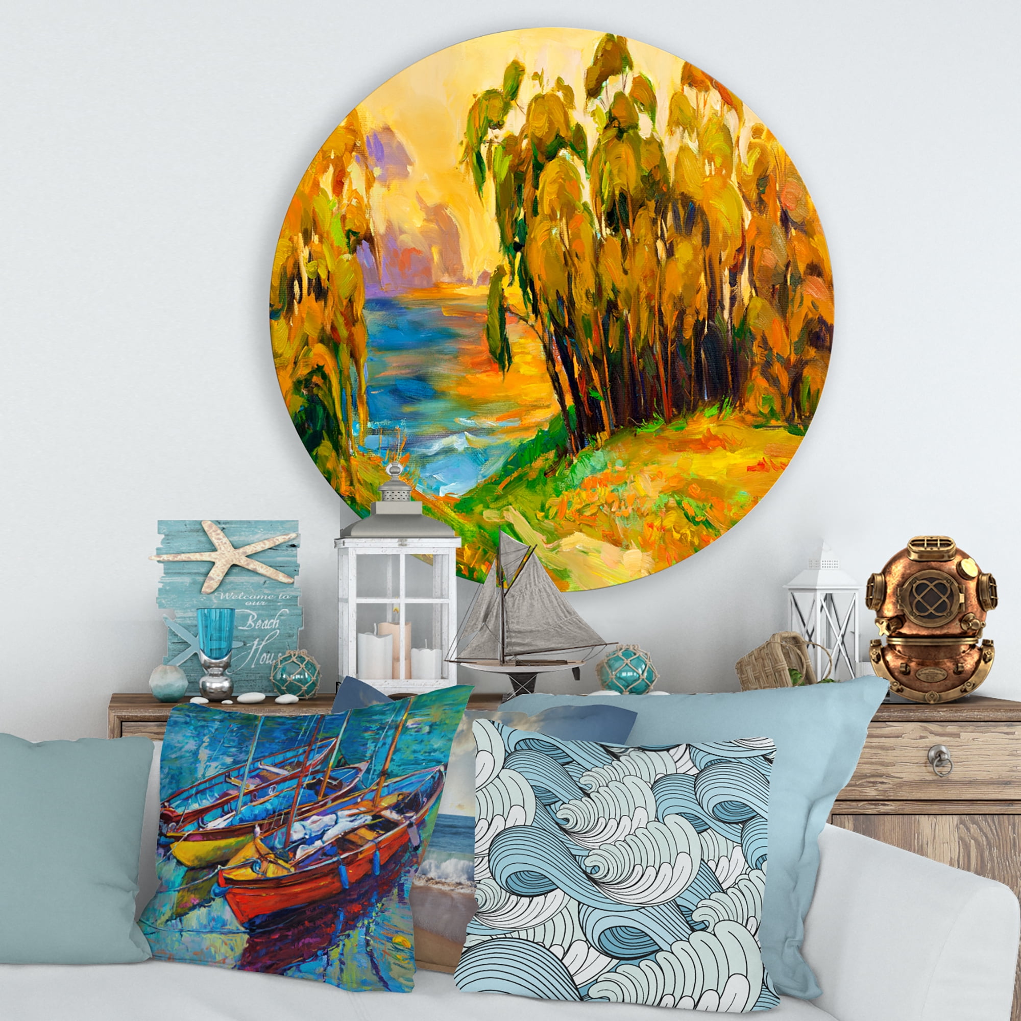 Designart 'Brown Trees By The Riverside During Evenign Glow' Traditional Circle Metal Wall Art 29x29 - Disc of 29