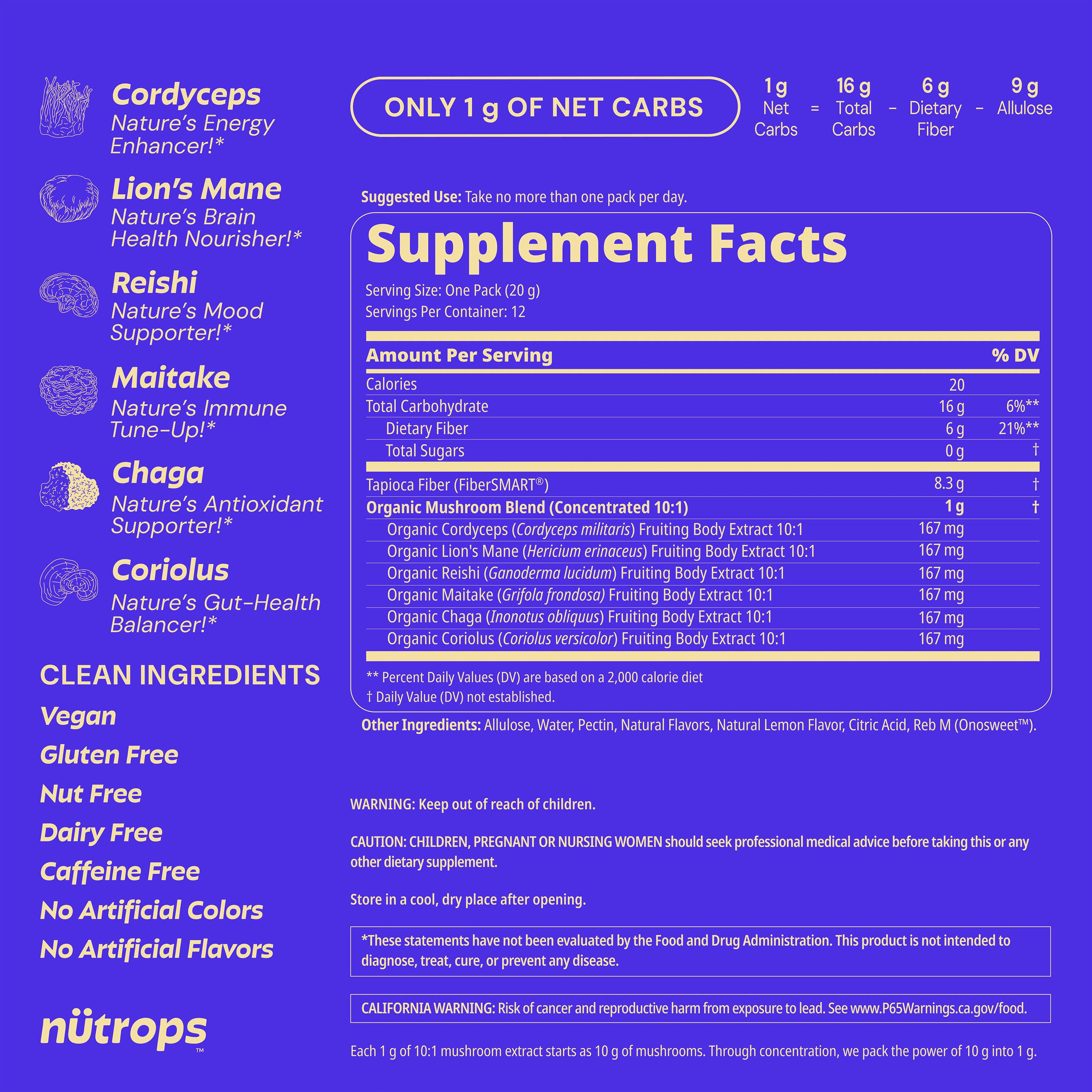 Nütrops Nootropic Sugar Free Mushroom Gummies with Lion's Mane, Cordyceps, & Reishi - Functional Mushrooms & Adaptogens to Support Brain Health, Caffeine-Free, Lemon Clouds Flavor, 12 count