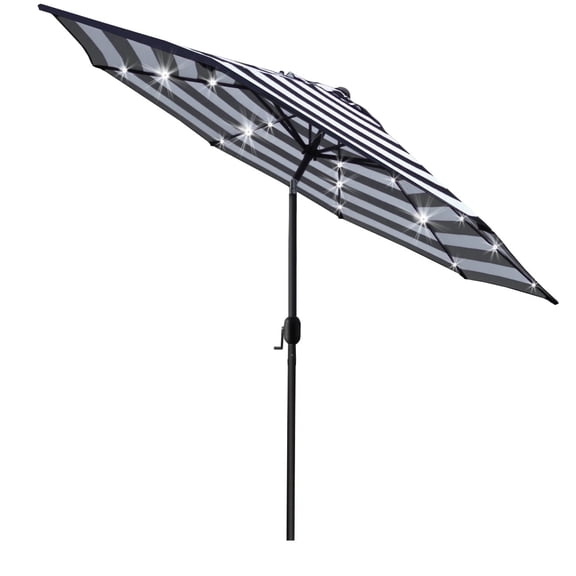 Bibana 9ft Solar 24 LED Lighted Patio Umbrella with 8 Ribs, Adjustment and Crank Lift System (Black & White)