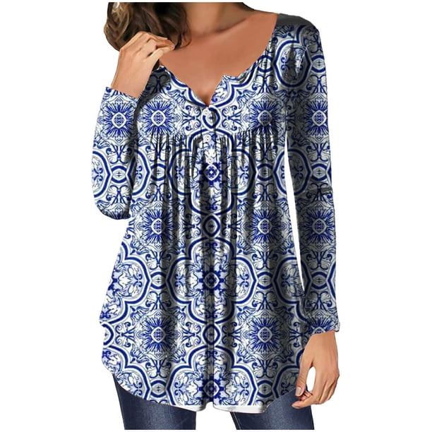 Puntoco - Camiseta informal con cuello en V para mujer, estampado retro, manga larga, jersey recreativo, camisetas de manga larga Puntoco Puntoco-5112