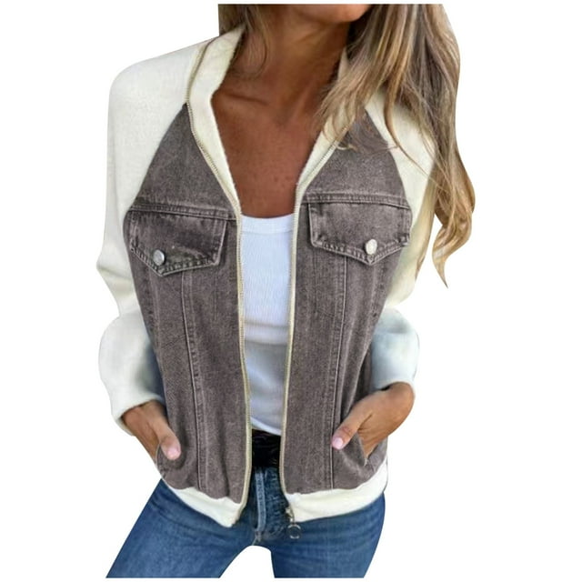 Veste Patchwork en Denim pour Femmes 2024 Automne Hiver, Mode Décontractée, Épaules, Manches, Manteau d'Extérieur Usé